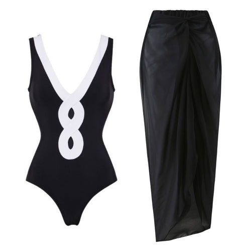 Damen eleganter V-Ausschnitt Schwimmanzug mit stilvollem Wickelrock R&B