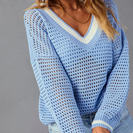 Damen Netzpullover im lässigen Oversized-Stil mit V-Ausschnitt und Rippenbündchen R&B