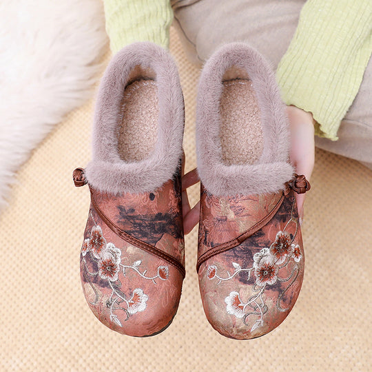Damen Warme Hausschuhe mit floralem Design und kuscheligem Innenfutter R&B