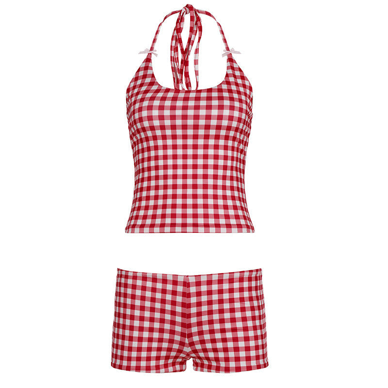 Damen Gingham Muster Badeanzug mit verstellbarem Halter R&B