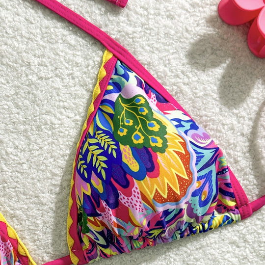 Damen Triangel-Bikini mit buntem Muster und verspielten Bindebändern R&B