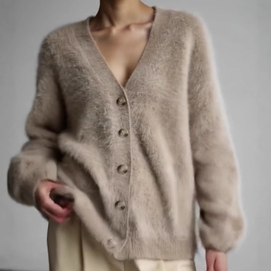 Damen Flauschiger Cardigan mit eleganten Knöpfen und weiter Passform R&B