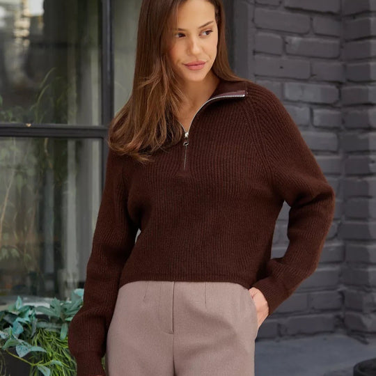 Damen Cozy Pullover mit Kragen und Reißverschluss R&B