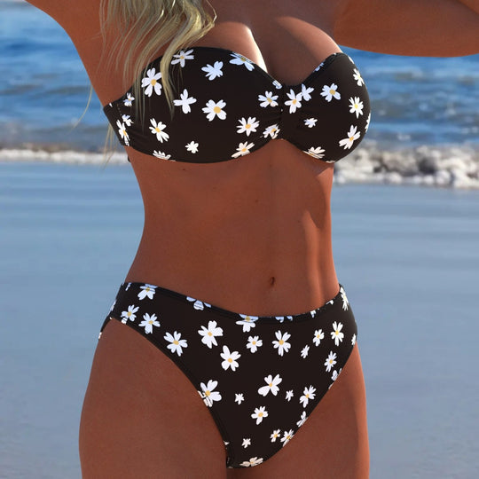 Damen Bandeau-Bikini mit floralem Design und hohem Taillenschnitt R&B