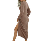 Damen Elegantes Langarm-Midikleid mit seitlichem Schlitz und gerafftem Design R&B