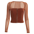 Damen Cropped Oberteil mit transparenten Ärmeln und strukturiertem Schnitt R&B
