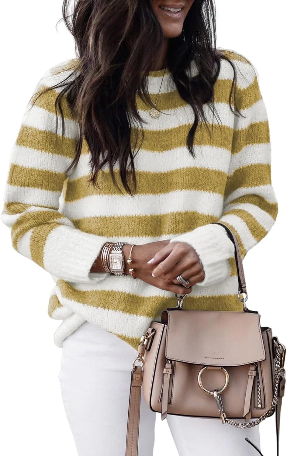Damen lässiger Strickpullover mit breiten Querstreifen R&B