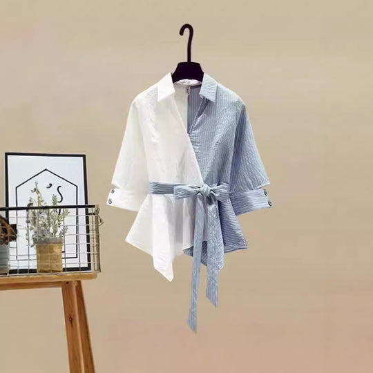 Damen Zweiteiliges Set mit lockerem, gestreiften Oberteil und weiter Jeans-Hose R&B