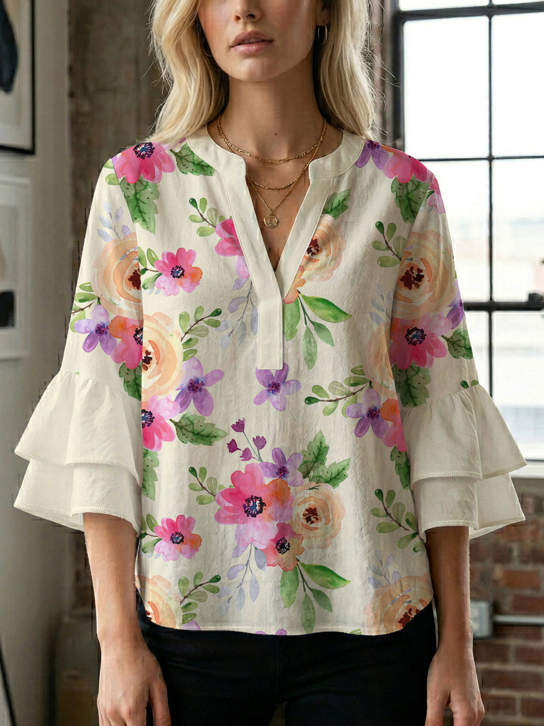 Damen Bluse mit voluminösen Ärmeln und floralem Design R&B