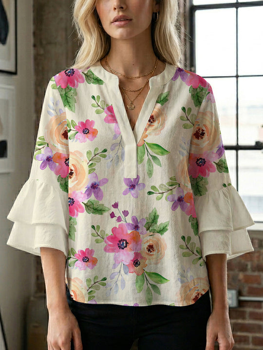 Damen Bluse mit voluminösen Ärmeln und floralem Design R&B