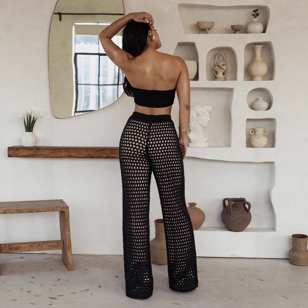 Damen Set aus gehäkeltem Oberteil und weitem Palazzo-Hosen R&B