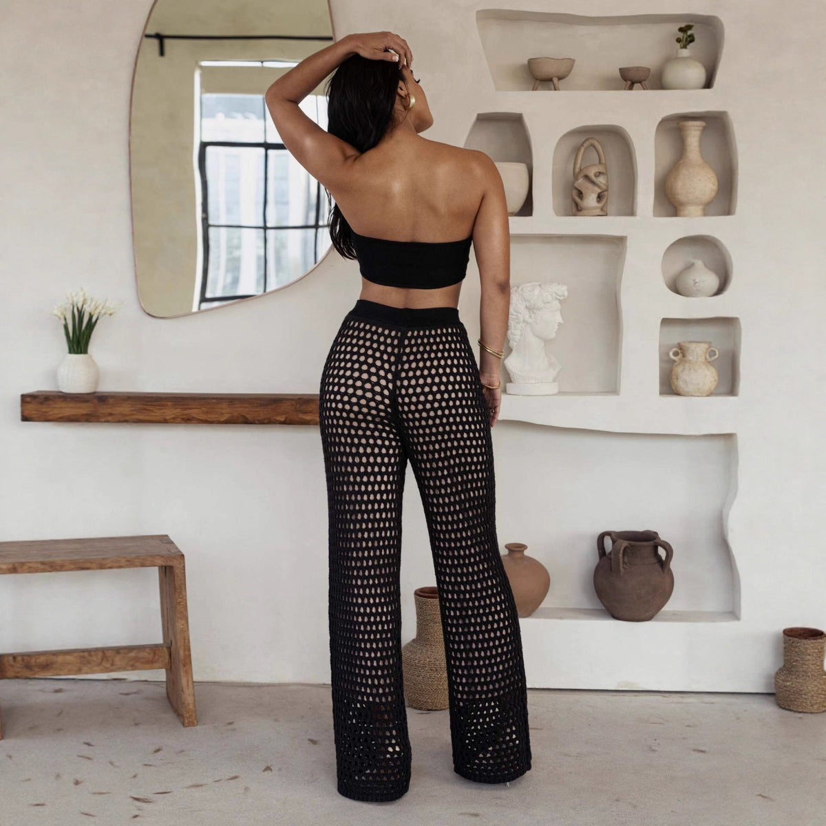Damen Set aus gehäkeltem Oberteil und weitem Palazzo-Hosen R&B