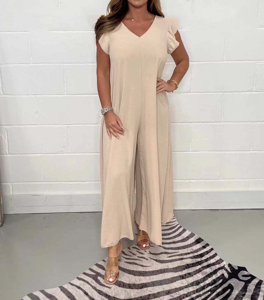 Damen luftiger Jumpsuit mit weit geschnittenem Bein und V-Ausschnitt R&B