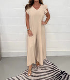 Damen luftiger Jumpsuit mit weit geschnittenem Bein und V-Ausschnitt R&B