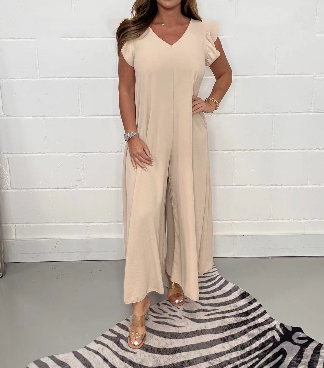 Damen luftiger Jumpsuit mit weit geschnittenem Bein und V-Ausschnitt R&B