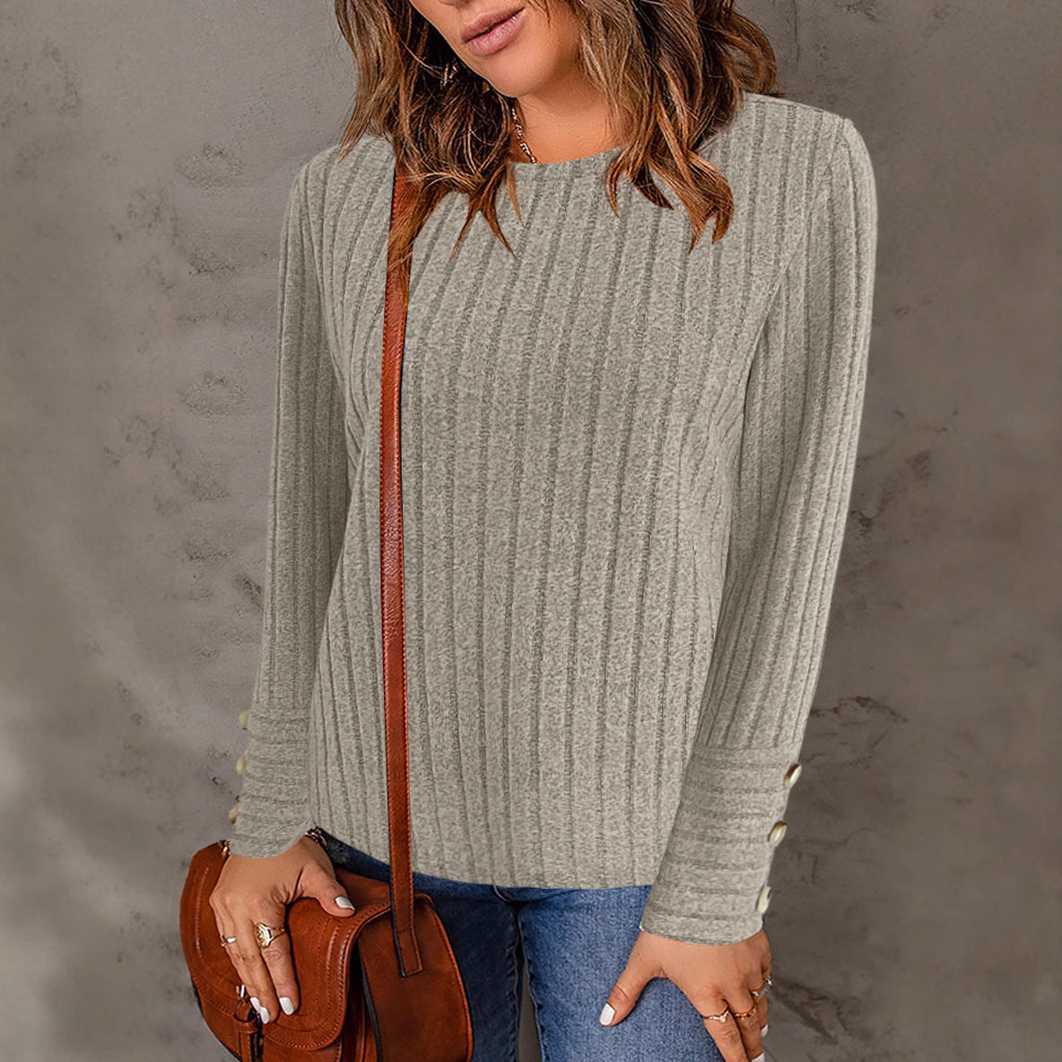 Damen Strukturierter Pullover mit modischen Knöpfen R&B