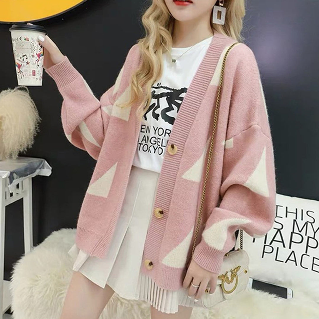 Damen lässige Strickjacke mit großflächigem Muster und praktischen Knopfdetails R&B