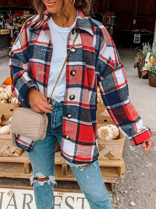 Damen Karierte Flanelljacke mit Knopfdetails und lässigem Schnitt R&B