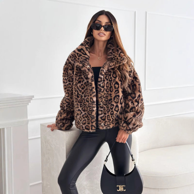 Damen kuschelige Leopardenfell Jacke R&B