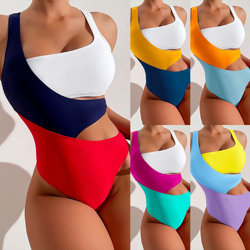 Damen Einteiler Badeanzug mit asymmetrischem Schnitt und vitaler Farbgestaltung R&B