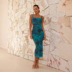 Damen Figurbetontes Midi-Kleid mit seitlichem Schlitz und Schulterträgern R&B