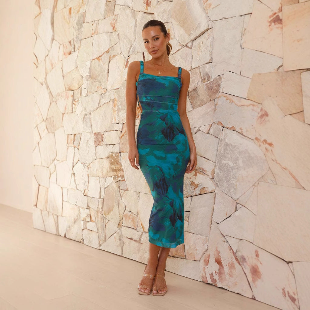 Damen Figurbetontes Midi-Kleid mit seitlichem Schlitz und Schulterträgern R&B