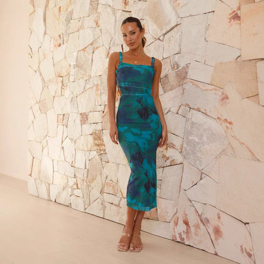 Damen Figurbetontes Midi-Kleid mit seitlichem Schlitz und Schulterträgern R&B