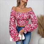 Damen Off-Shoulder Bluse mit Puffärmeln und floralen Mustern R&B