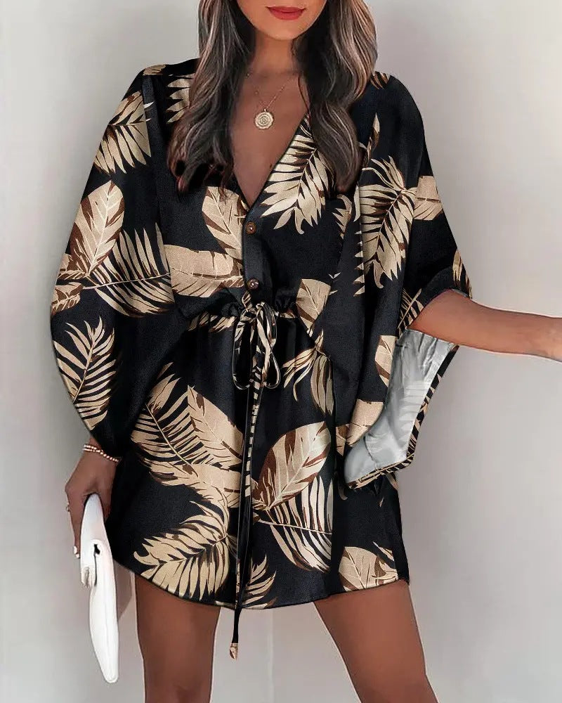 Damen angehendes Strandkleid mit eleganter Taillenbindung und einzigartigem Muster R&B