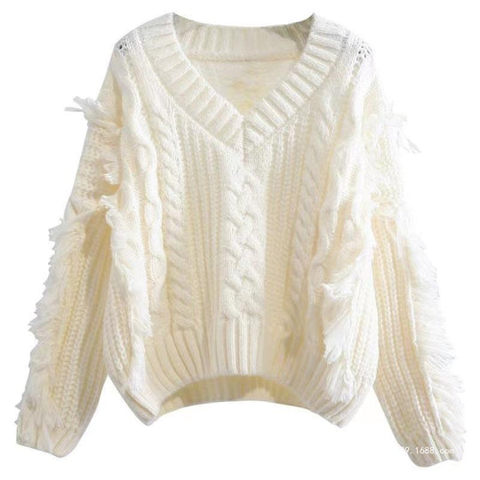 Damen Stylischer Strickpullover mit Fransen und Zopfmuster R&B