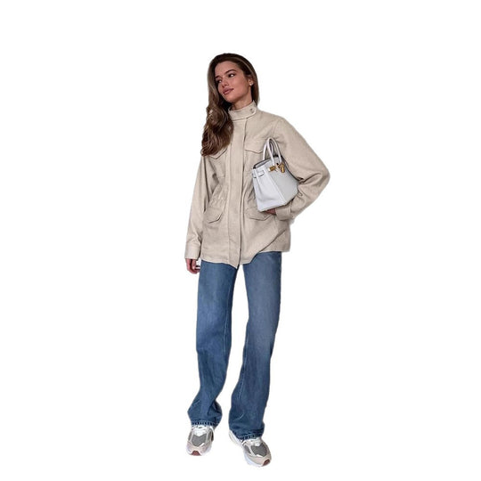 Damen lässige Utility-Jacke mit hohem Kragen und praktischen Taschen R&B