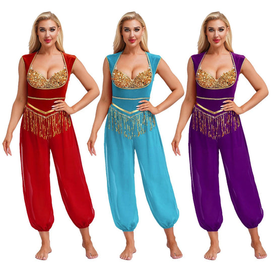 Damen Kostüm-Jumpsuit mit glitzerndem Oberteil und lässiger Hose R&B