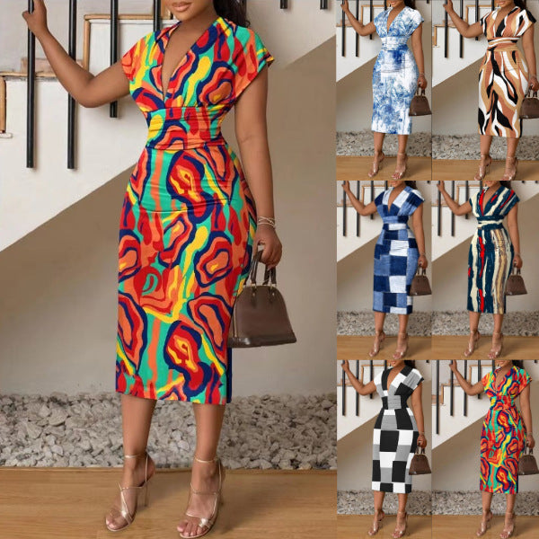 Damen Midi-Kleid mit modernem abstraktem Streifenmuster R&B