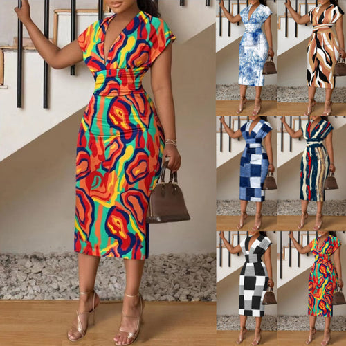 Damen Midi-Kleid mit modernem abstraktem Streifenmuster R&B