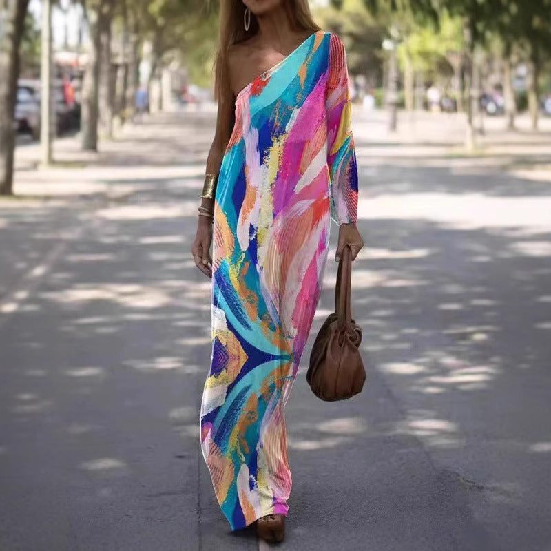 Damen Maxikleid mit asymmetrischem Schnitt und lebhaftem Farbdesign R&B