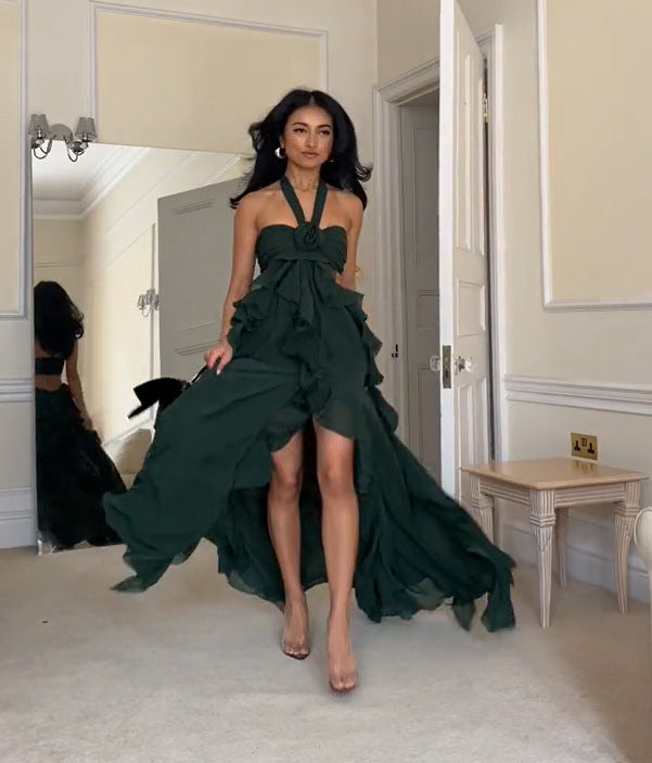 Damen Maxi-Brautkleid mit voluminösem Rüschendesign und elegantem Halterneck