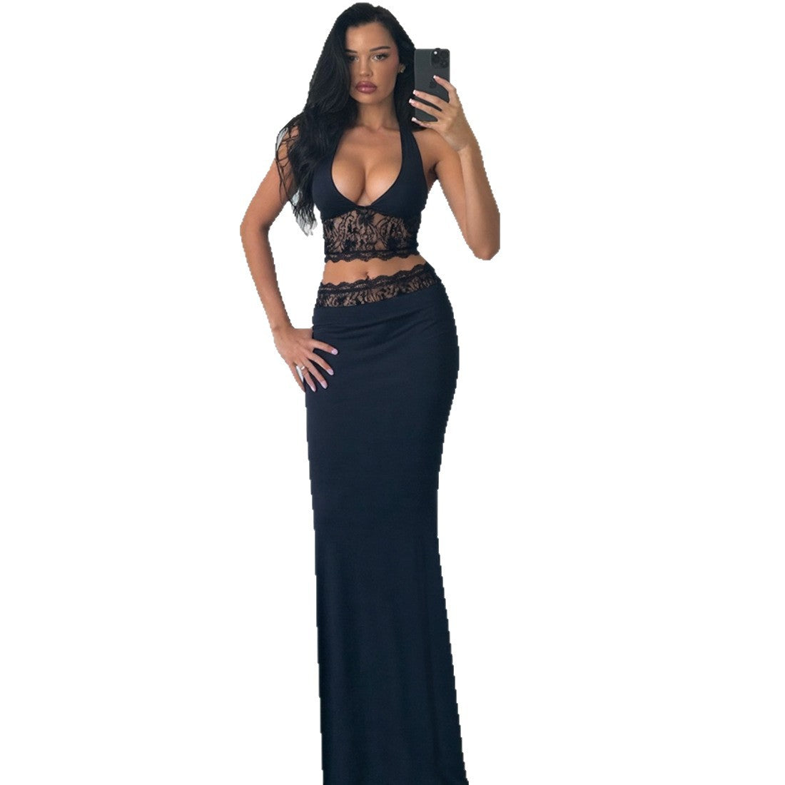 Damen Elegantes Zweiteiler-Set mit raffiniertem Spitzenabschluss R&B