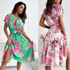 Damen Wickelkleid mit eleganter Blumenmusterung und Taillengürtel R&B