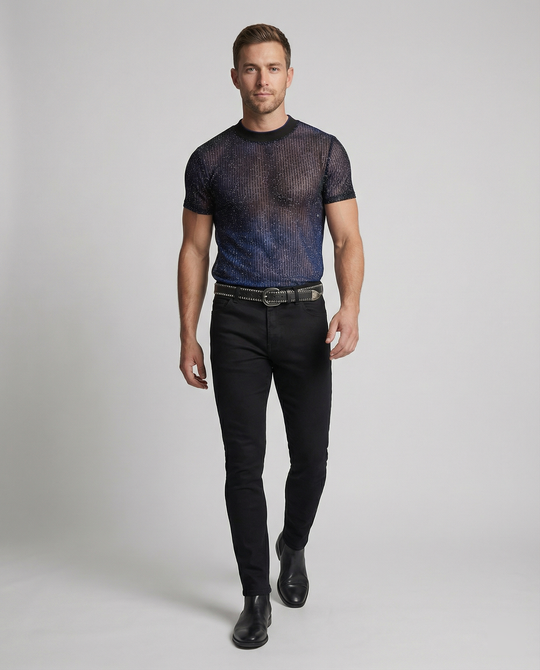 Herren Hochwertiges Mesh-T-Shirt mit glitzerndem Effekt R&B