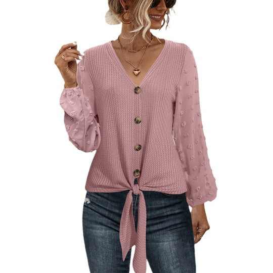 Damen modisches Blusenshirt mit Knopfdetails und voluminösen Ärmeln R&B