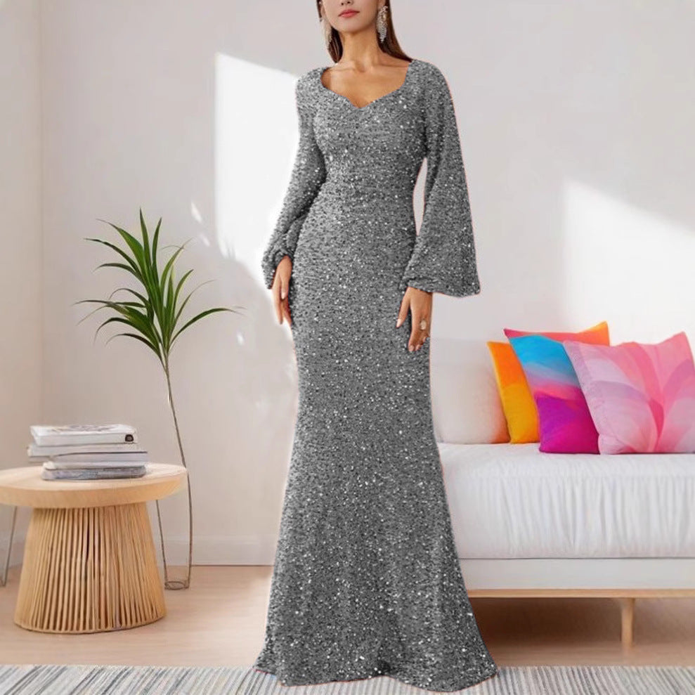 Damen Glamouröses Glitzer-Abendkleid mit schwingendem Rock und voluminösen Ärmeln EB