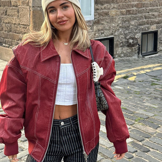 Damen Elegante Kunstlederjacke mit hochstehendem Kragen und elastischen Bündchen R&B