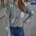 Damen gestrickte Kurzjacke mit winterlichem Schneeflockenmotiv R&B