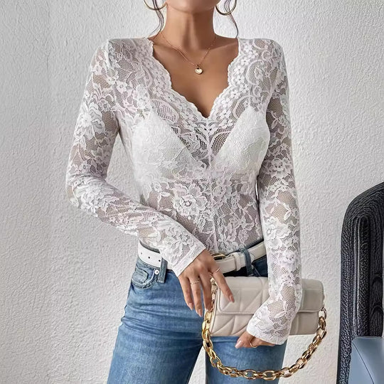 Damen nan transparenter Spitzenbody mit tiefem V-Ausschnitt und geformten Cups R&B