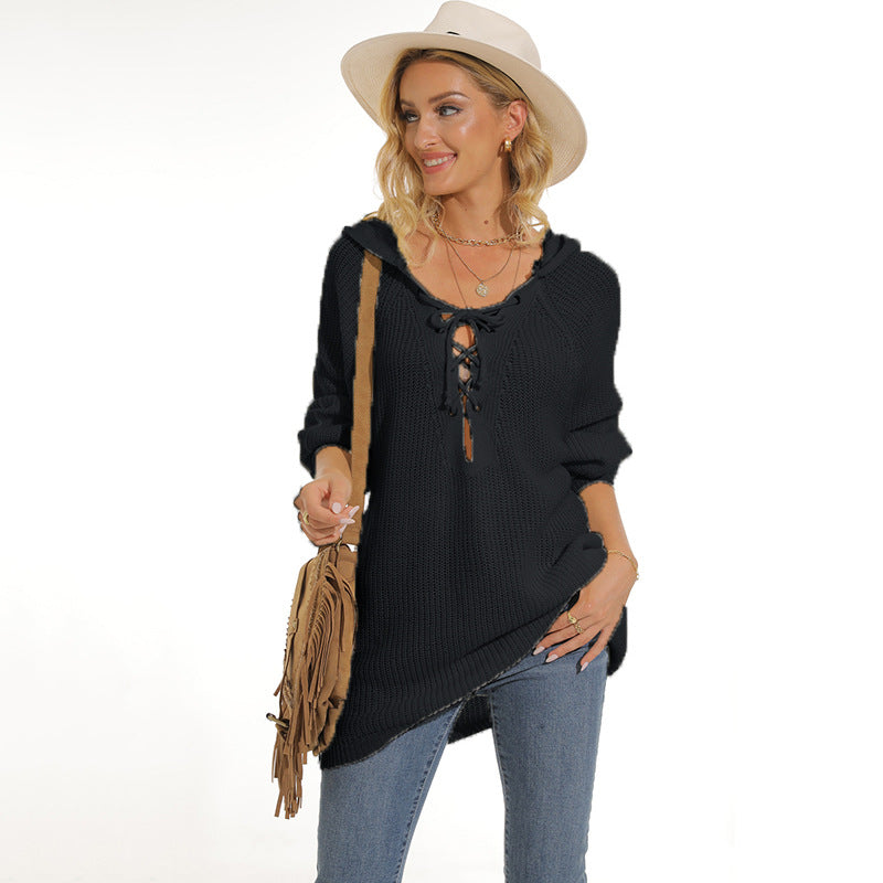 Damen lässiger Strickpullover mit einzigartigem Schnürdesign und lockerer Passform R&B