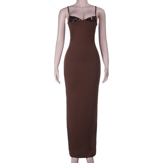 Damen figurbetontes Maxikleid mit schimmerndem Oberteil R&B