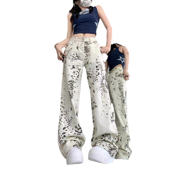 Damen weite Cargo-Jeans mit einzigartigem Muster und hoch tailliertem Schnitt R&B