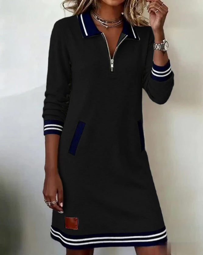 Damen nan sportlich-elegantes Sweatkleid mit Polokragen halblangem Reißverschluss elastischen Kontrastbündchen und Eingrifftaschen R&B
