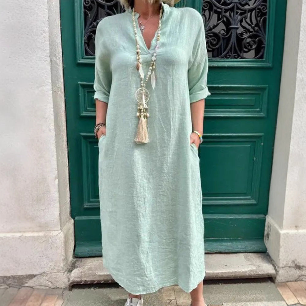 Damen Lässiges Kaftan-Kleid mit seitlichen Taschen und modischem V-Ausschnitt R&B