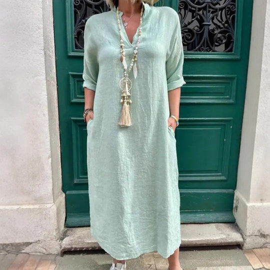 Damen Lässiges Kaftan-Kleid mit seitlichen Taschen und modischem V-Ausschnitt R&B